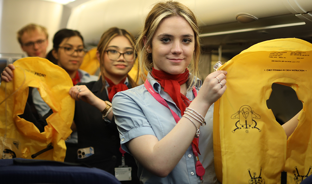 Travel and Tourism Students in the aircraft cabin.