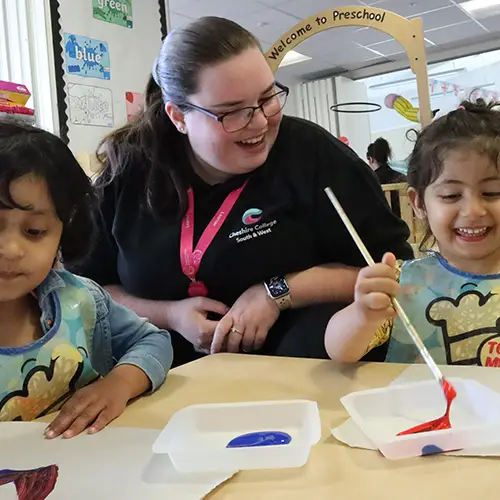Starting point nursery girls and teacher painting